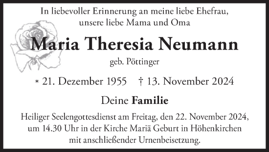 Todesanzeige von Maria Theresia Neumann von merkurtz