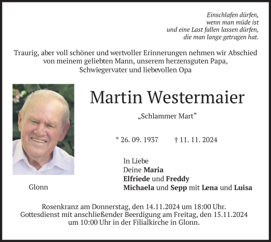 Todesanzeige von Martin Westermaier von merkurtz