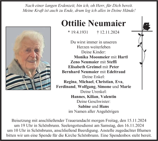 Todesanzeige von Ottilie Neumaier von merkurtz