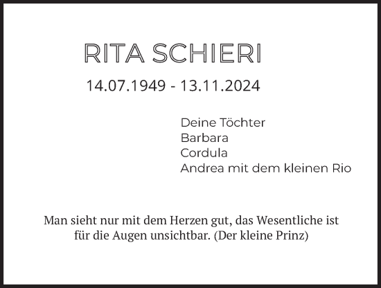 Todesanzeige von Rita Schierl von merkurtz