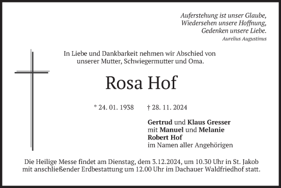 Todesanzeige von Rosa Hof von merkurtz