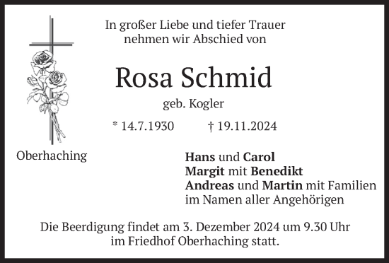 Todesanzeige von Rosa Schmid von merkurtz