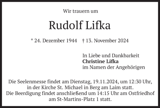 Todesanzeige von Rudolf Lifka von merkurtz