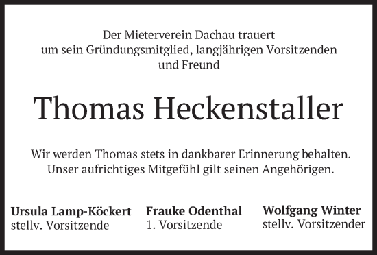 Todesanzeige von Thomas Heckenstaller von merkurtz