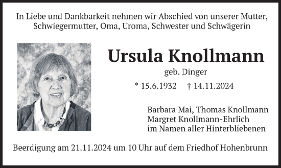 Todesanzeige von Ursula Knollmann von merkurtz