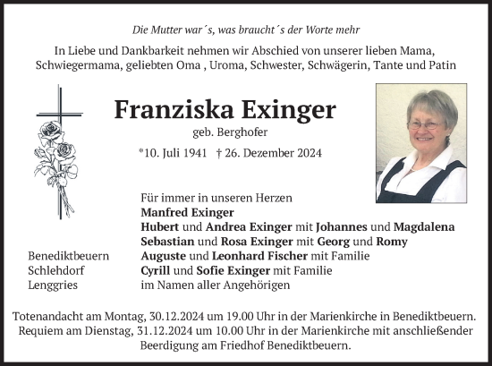 Todesanzeige von Franziska Exinger von merkurtz