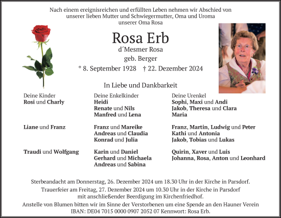 Todesanzeige von Rosa Erb von merkurtz