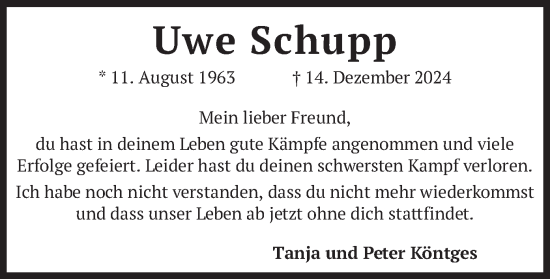 Todesanzeige von Uwe Schupp von merkurtz