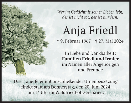 Todesanzeige von Anja Friedl von merkurtz