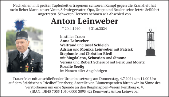 Todesanzeige von Anton Leinweber von Das Gelbe Blatt Penzberg