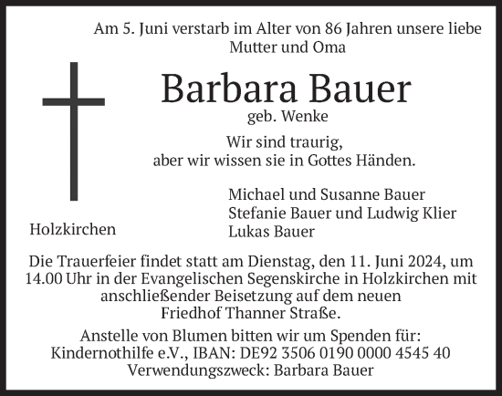 Todesanzeige von Barbara Bauer von merkurtz