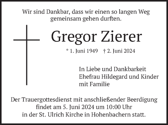 Todesanzeige von Gregor Zierer von merkurtz