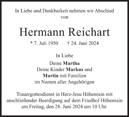 Todesanzeige von Hermann Reichart von merkurtz