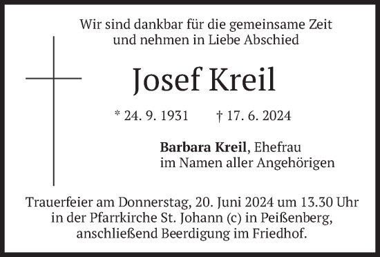 Todesanzeige von Josef Kreil von merkurtz