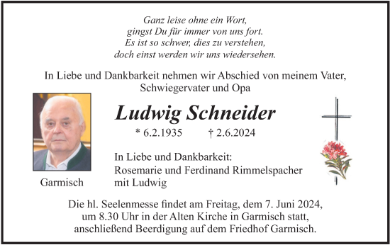 Todesanzeige von Ludwig Schneider von merkurtz