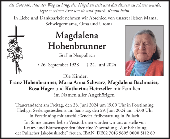 Todesanzeige von Magdalena Hohenbrunner von merkurtz