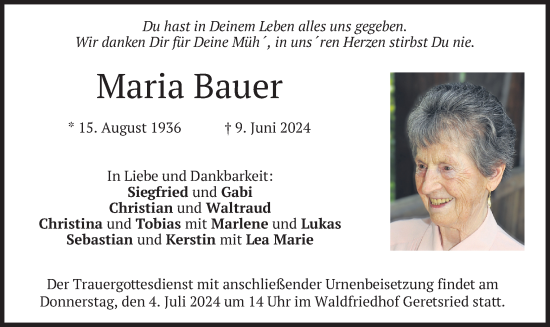 Todesanzeige von Maria Bauer von merkurtz