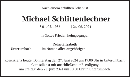 Todesanzeige von Michael Schlittenlechner von merkurtz