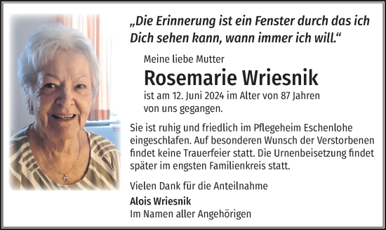 Todesanzeige von Rosemarie Wriesnik von merkurtz