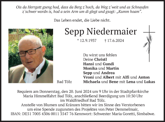 Todesanzeige von Sepp Niedermaier von merkurtz