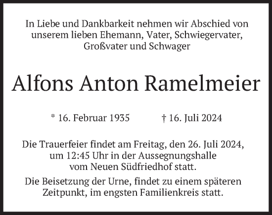 Todesanzeige von Alfons Anton Ramelmeier von merkurtz