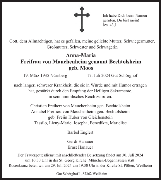 Todesanzeige von Anna-Maria Freifrau von Mauchenheim genannt Bechtolsheim von merkurtz