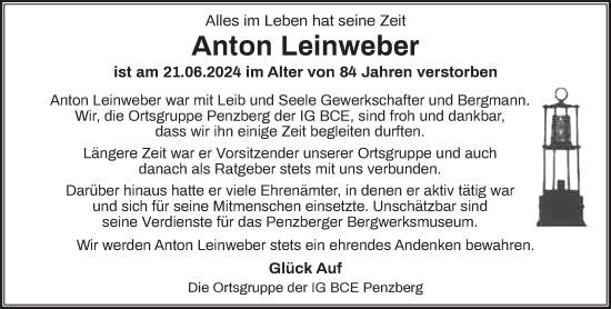 Todesanzeige von Anton Leinweber von Das Gelbe Blatt Penzberg