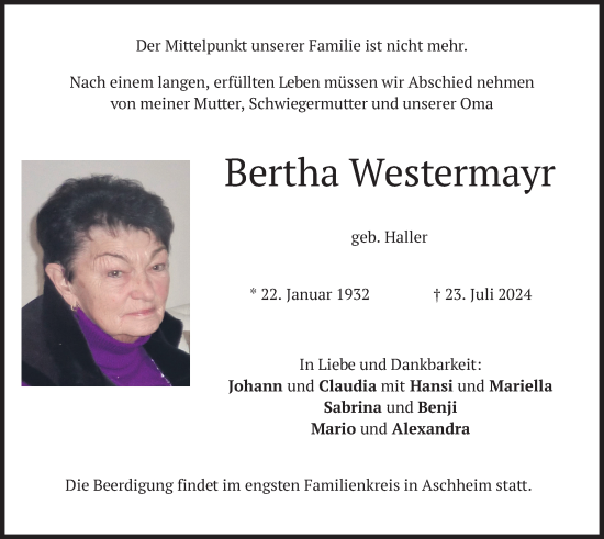 Todesanzeige von Bertha Westermayr von merkurtz