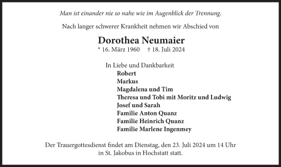 Todesanzeige von Dorothea Neumaier von merkurtz