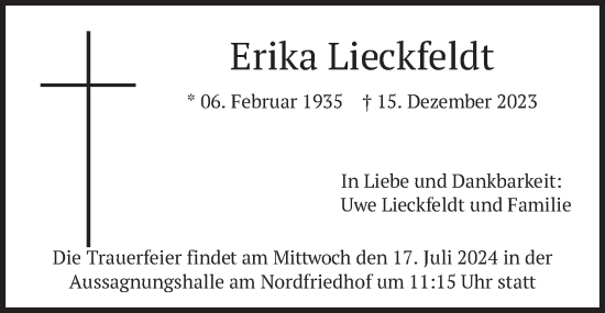 Todesanzeige von Erika Lieckfeldt von merkurtz