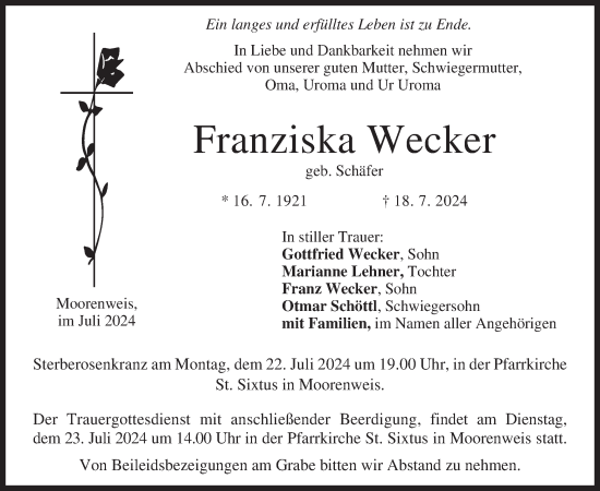 Todesanzeige von Franziska Wecker von merkurtz