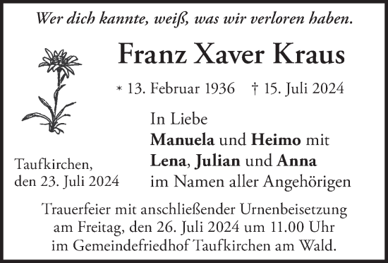 Todesanzeige von Franz Xaver Kraus von merkurtz
