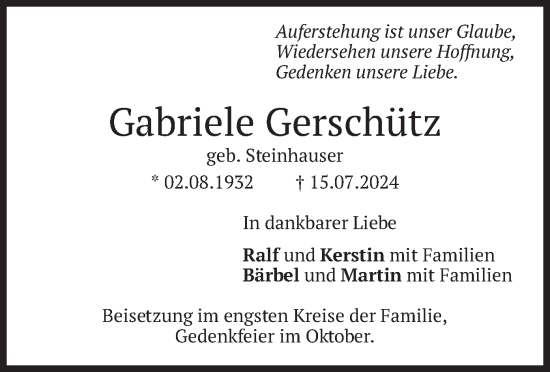 Todesanzeige von Gabriele Gerschütz von merkurtz