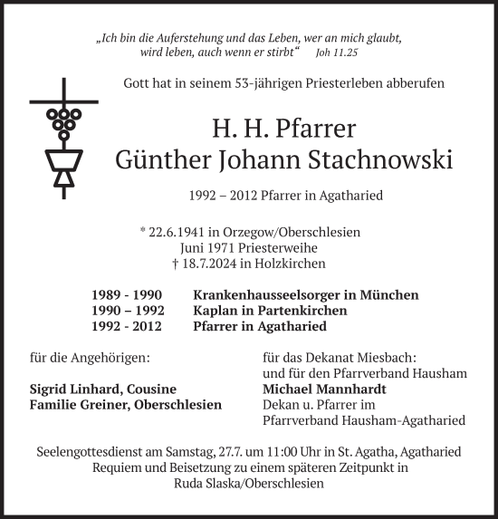 Todesanzeige von Günther Johann Stachnowski von merkurtz