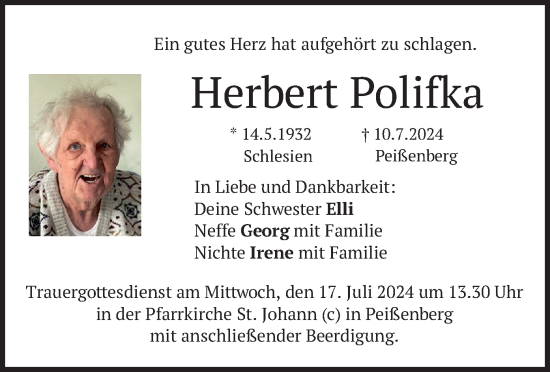 Todesanzeige von Herbert Polifka von merkurtz