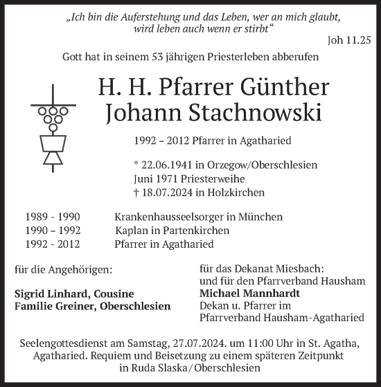 Todesanzeige von Johann Stachnowski von merkurtz