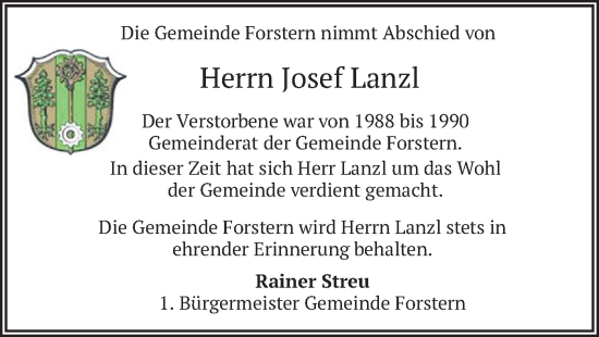 Todesanzeige von Josef Lanzl von merkurtz