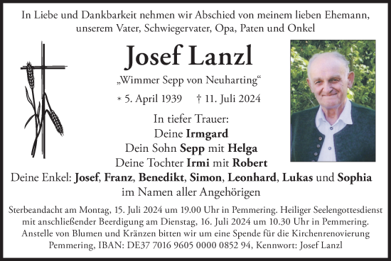 Todesanzeige von Josef Lanzl von merkurtz