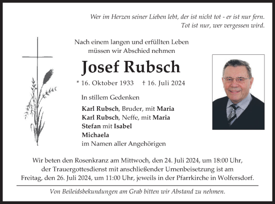 Todesanzeige von Josef Rubsch von merkurtz
