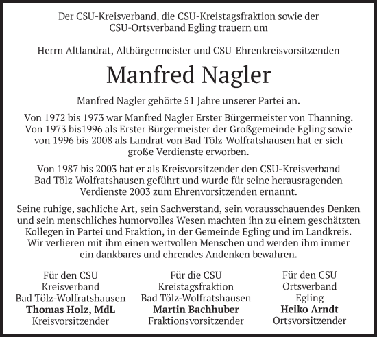 Todesanzeige von Manfred Nagler von merkurtz