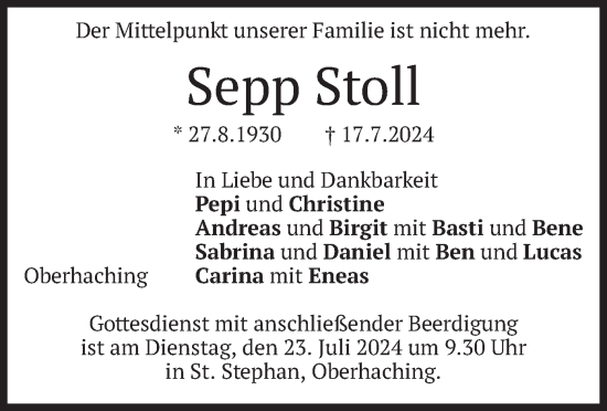 Todesanzeige von Sepp Stoll von merkurtz