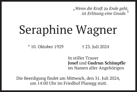 Todesanzeige von Seraphine Wagner von merkurtz