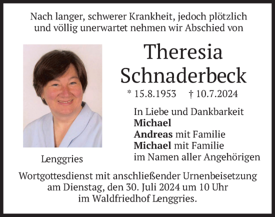 Todesanzeige von Theresia Schnaderbeck von merkurtz