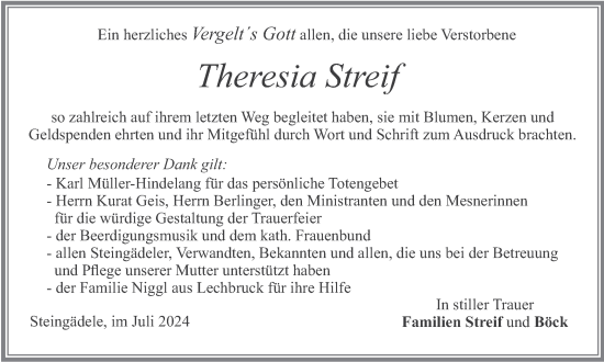Todesanzeige von Theresia Streif von merkurtz