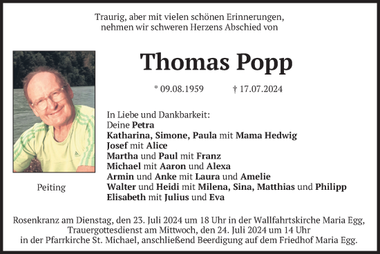 Todesanzeige von Thomas Popp von merkurtz
