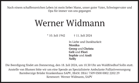 Todesanzeige von Werner Widmann von merkurtz