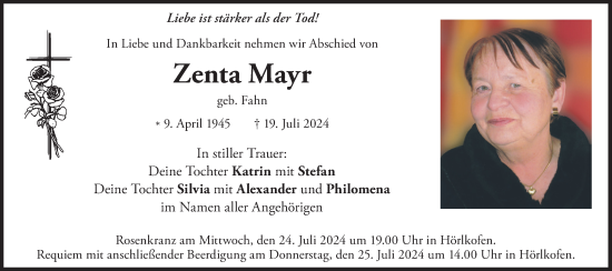 Todesanzeige von Zenta Mayr von merkurtz