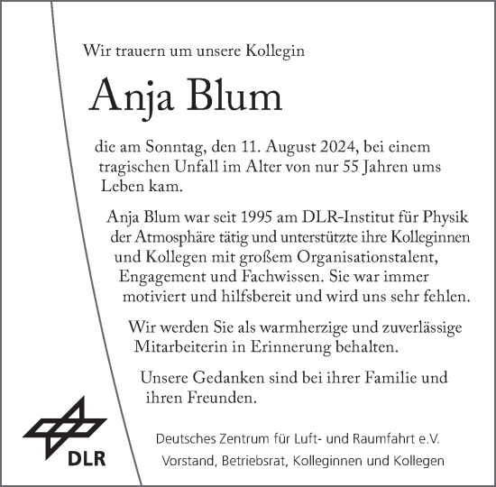 Todesanzeige von Anja Blum von merkurtz