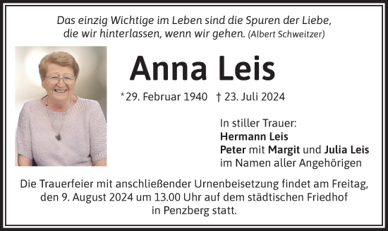 Todesanzeige von Anna Leis von merkurtz