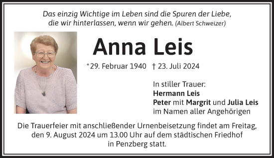 Todesanzeige von Anna Leis von Das Gelbe Blatt Penzberg